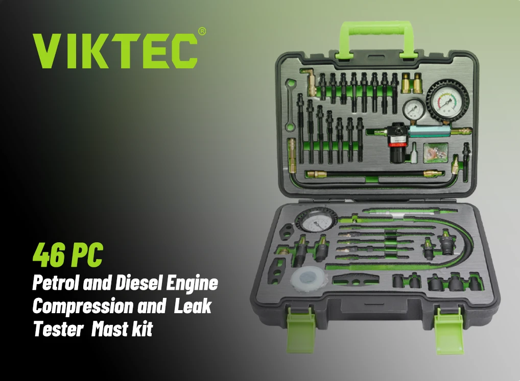 VIKTEC 46PC petrol and diesel engine compression and leak tester master kit with gauges and adapters