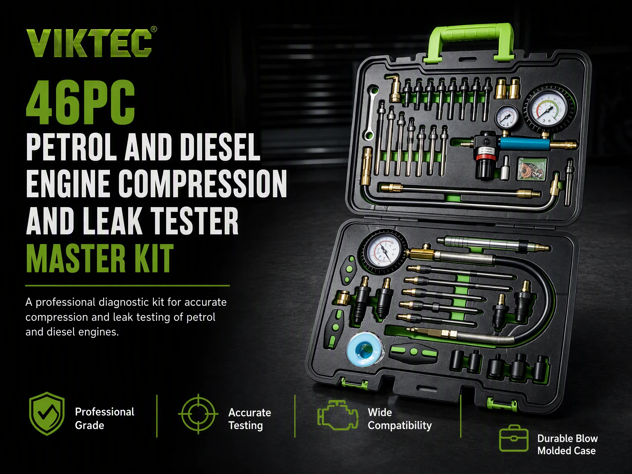VIKTEC 46PC petrol and diesel engine compression and leak tester master kit with pressure gauges, adapters and blow molded storage case