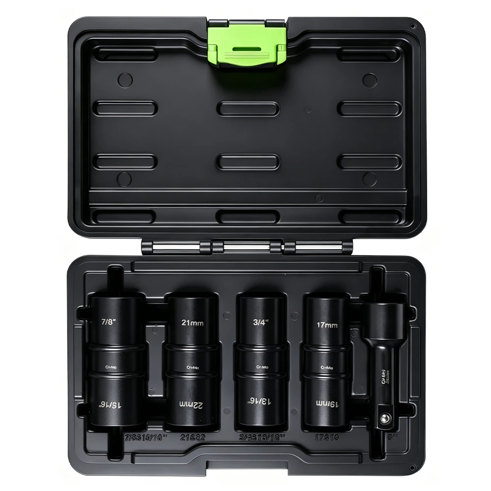 5-teiliges 1/2-Zoll-Antrieb-Dünnwand-Flip-Schlagschrauber-Steckschlüsselsatz 3 VIKTEC VT18166 5-teiliges umsteckbares Schlagschrauber-Nuss-Set mit 17, 19, 21, 22 mm und SAE-Radmuttern-Größen sowie Verlängerungsstange