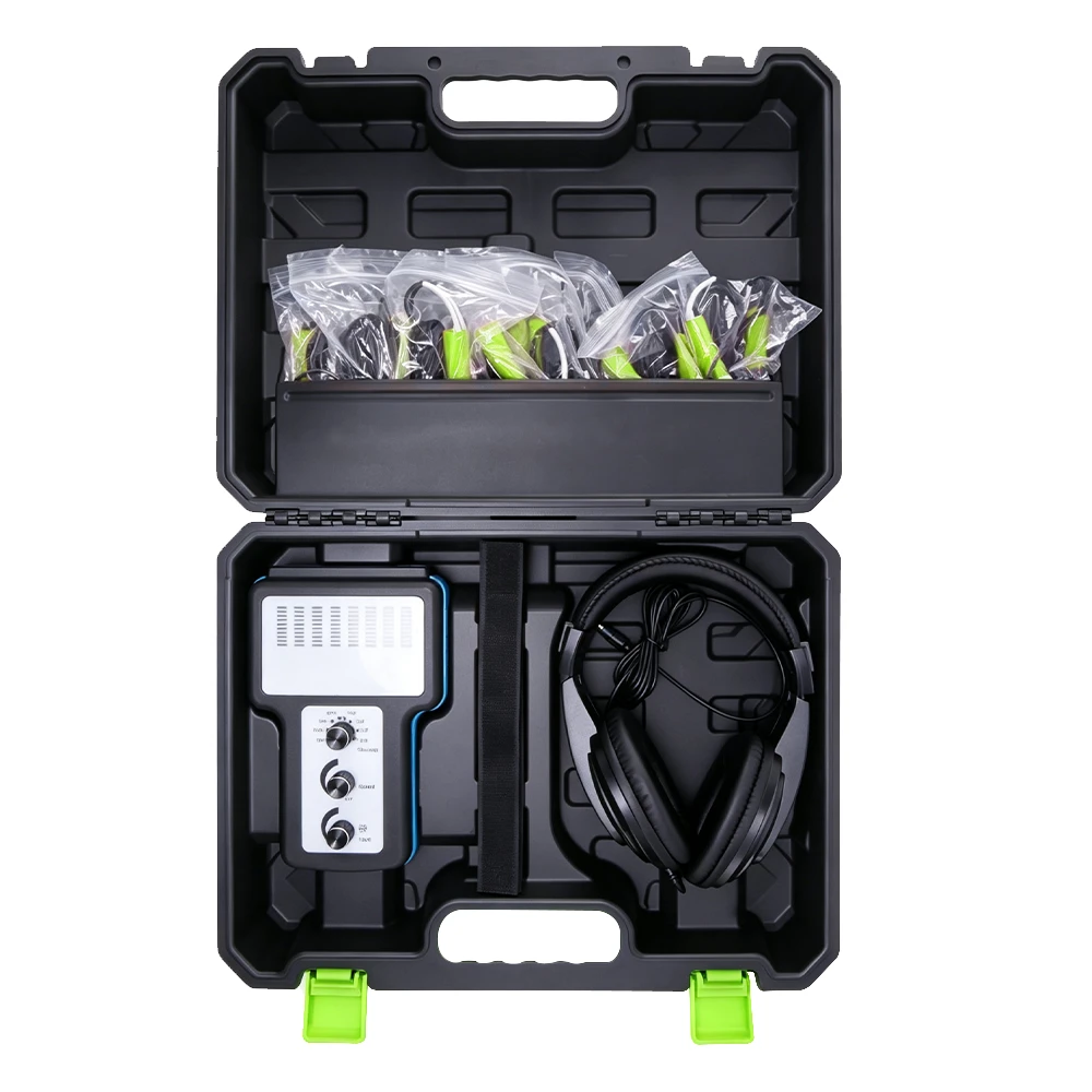 Kit de diagnóstico con estetoscopio electrónico para automoción 2 Kit de estetoscopio de diagnóstico VIKTEC VT18093 de 6 canales para chasis electrónico, incluye auriculares y sensores para localizar ruidos anómalos en el motor y el chasis del vehículo.