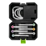 VIKTEC VT13737B 6-piece brake bleeder wrench set with 7, 8, 9, 10, 11 and 12 mm color-coded wrenches and silicone bleeder hose.
