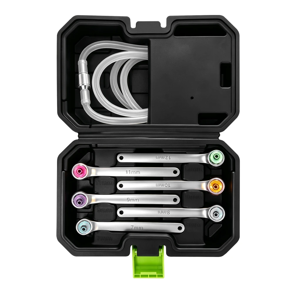 7PC 12-Point Brake Bleeder Wrench Set 7–11mm 2 VIKTEC VT13737B 6-piece brake bleeder wrench set with 7, 8, 9, 10, 11 and 12 mm color-coded wrenches and silicone bleeder hose.