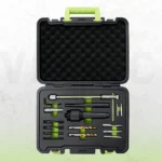 Glow plug extractor kit with spindle, drill bits, taps, centering tools and adapters for removing damaged or broken 8 mm and 10 mm glow plugs in a foam-lined case