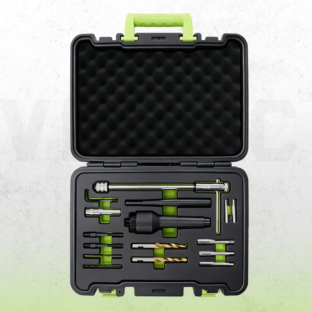 Glow plug extractor kit with spindle, drill bits, taps, centering tools and adapters for removing damaged or broken 8 mm and 10 mm glow plugs in a foam-lined case