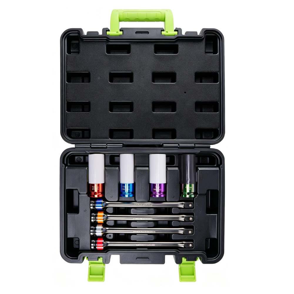 8PC 1/2in Drive Torque Extension Bar & Lug Nut Socket Set 1 VIKTEC VT19255B 8-piece wheel nut torque extension bar and impact socket set with color coded protective sockets for professional wheel service.