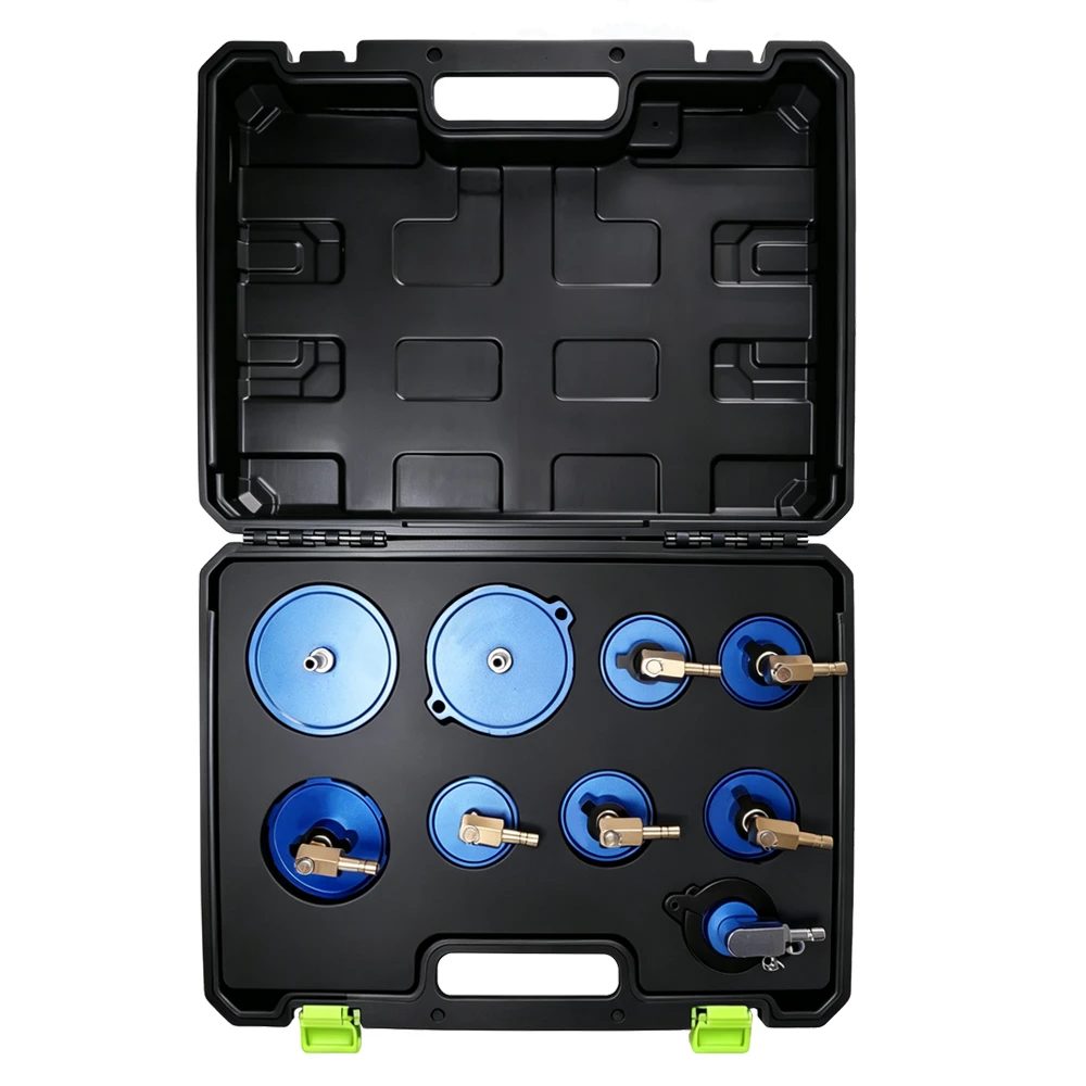 VIKTEC VT17465E2 9-piece brake bleeder master cylinder adapter set with multiple size caps for automotive brake fluid bleeding and pressure service.