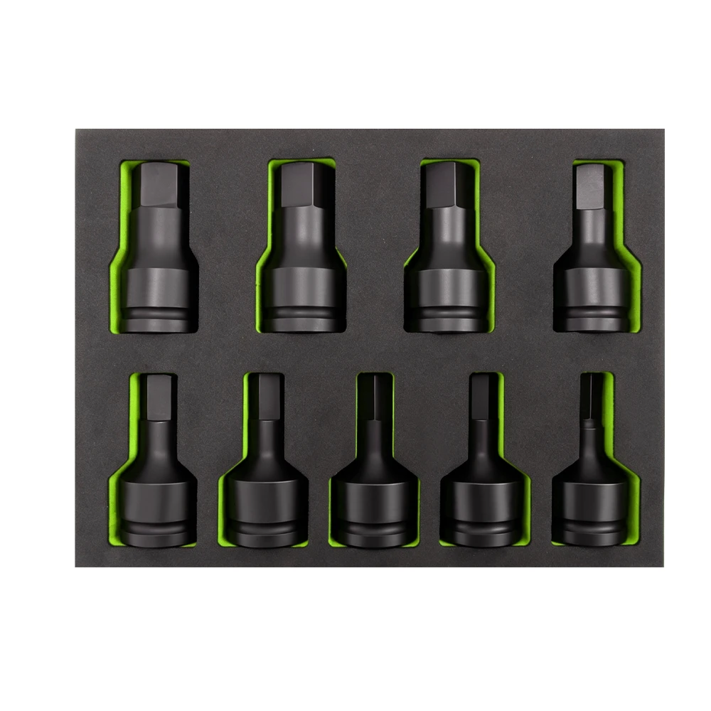 9PC 3/4" Drive Hex Impact Bit Socket Set 14-32mm 3 Jogo de soquetes de impacto sextavados de alta resistência VIKTEC VT19513J com múltiplos tamanhos para reparo automotivo, manutenção de rodas e uso em oficinas.