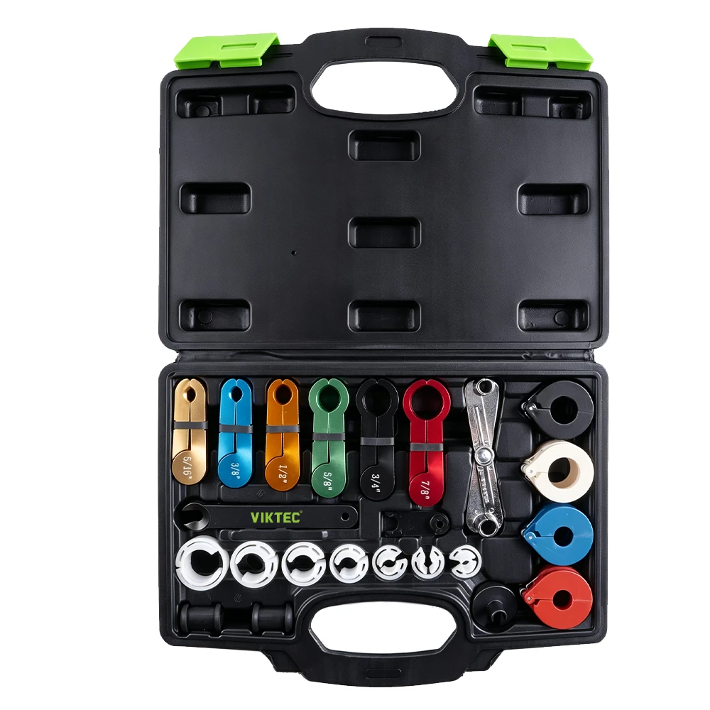 Jogo de 21 peças de ferramentas para desconexão de linha de combustível 3 Kit de ferramentas de desconexão automotiva para linhas de ar-condicionado e combustível VIKTEC VT01178, com ferramentas e adaptadores de desconexão codificados por cor em estojo de transporte