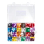 VIKTEC VTN1008B automotive blade fuse assortment kit with multiple fuse ratings and colors organized in a compartment storage box.