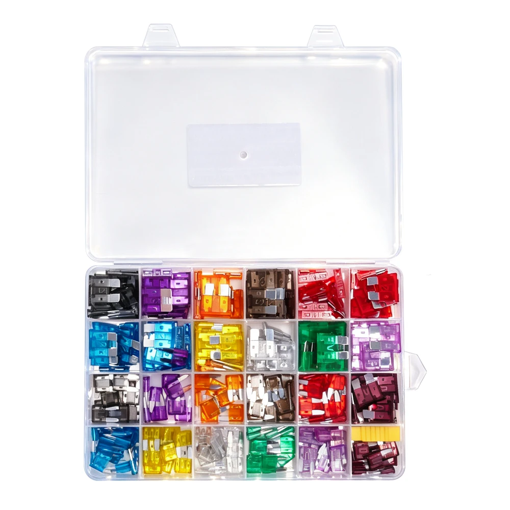 250PC Mini and Standard Automotive Blade Fuse Assortment 3 VIKTEC VTN1008B automotive blade fuse assortment kit with multiple fuse ratings and colors organized in a compartment storage box.