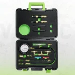 Universal automotive fuel pressure gauge test kit with dual-scale meter, hoses and multiple European and American vehicle adapters in a storage case