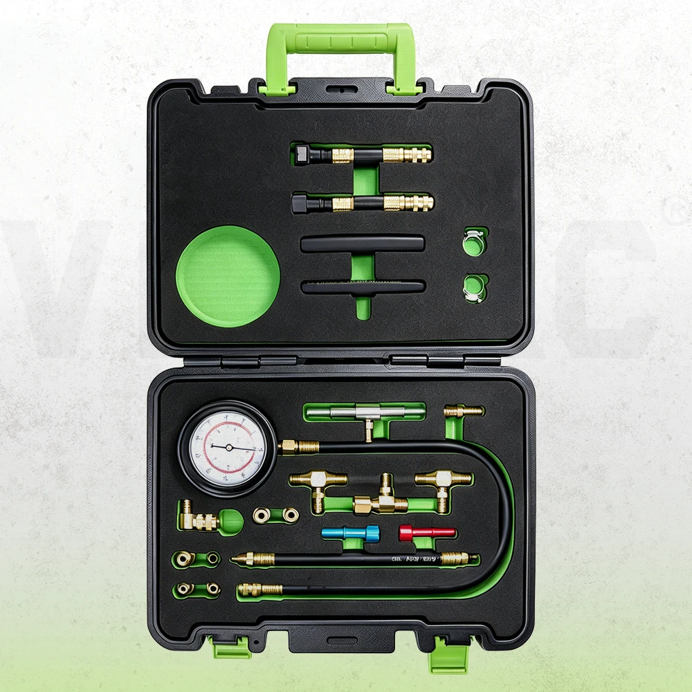 Universal automotive fuel pressure gauge test kit with dual-scale meter, hoses and multiple European and American vehicle adapters in a storage case