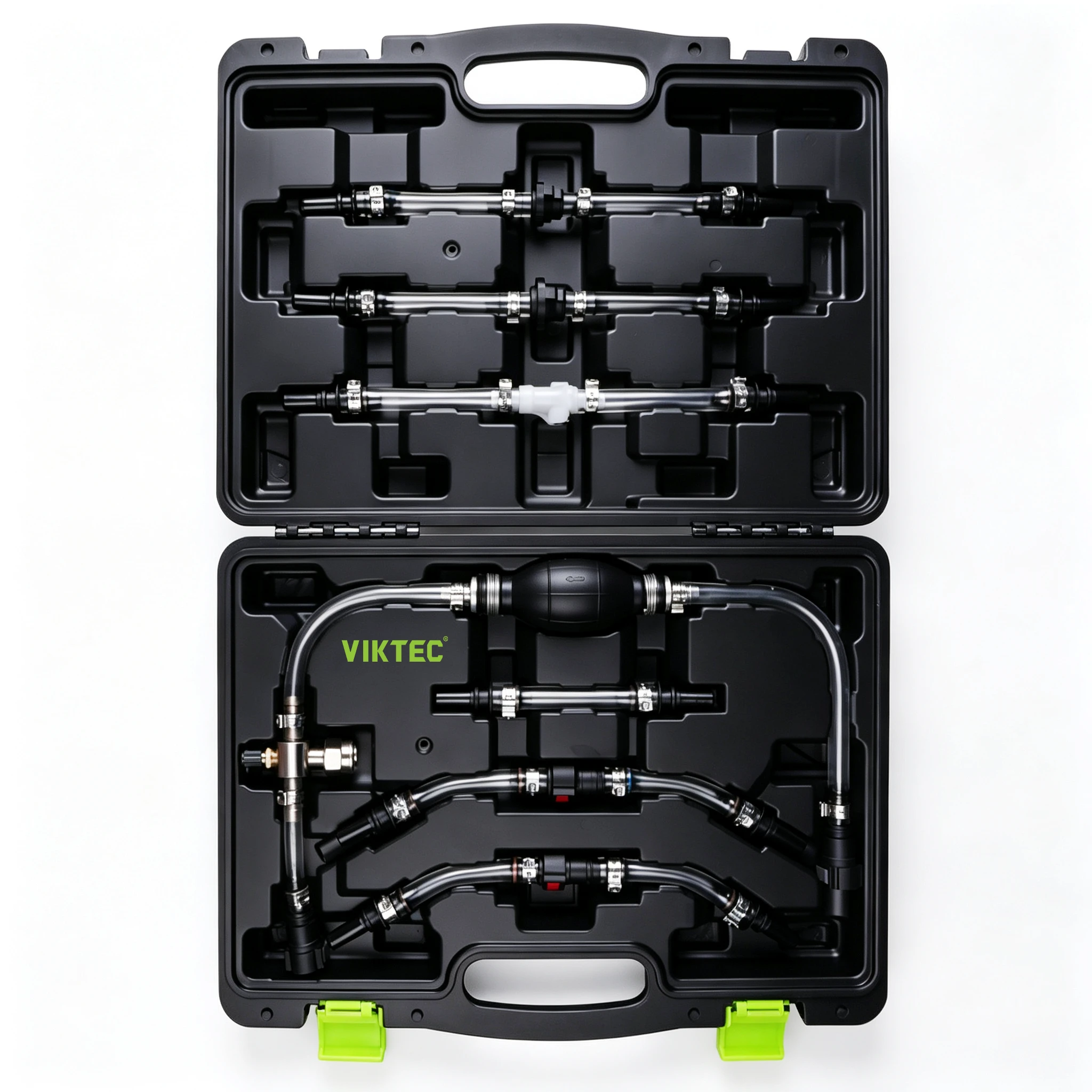 Kit de cebado y purga del sistema de combustible diésel de 7 piezas 3 Kit de prueba de presión del sistema de combustible automotriz VIKTEC VT18495 con pera de cebado manual, múltiples conjuntos de mangueras, conectores de conexión rápida y estuche de transporte