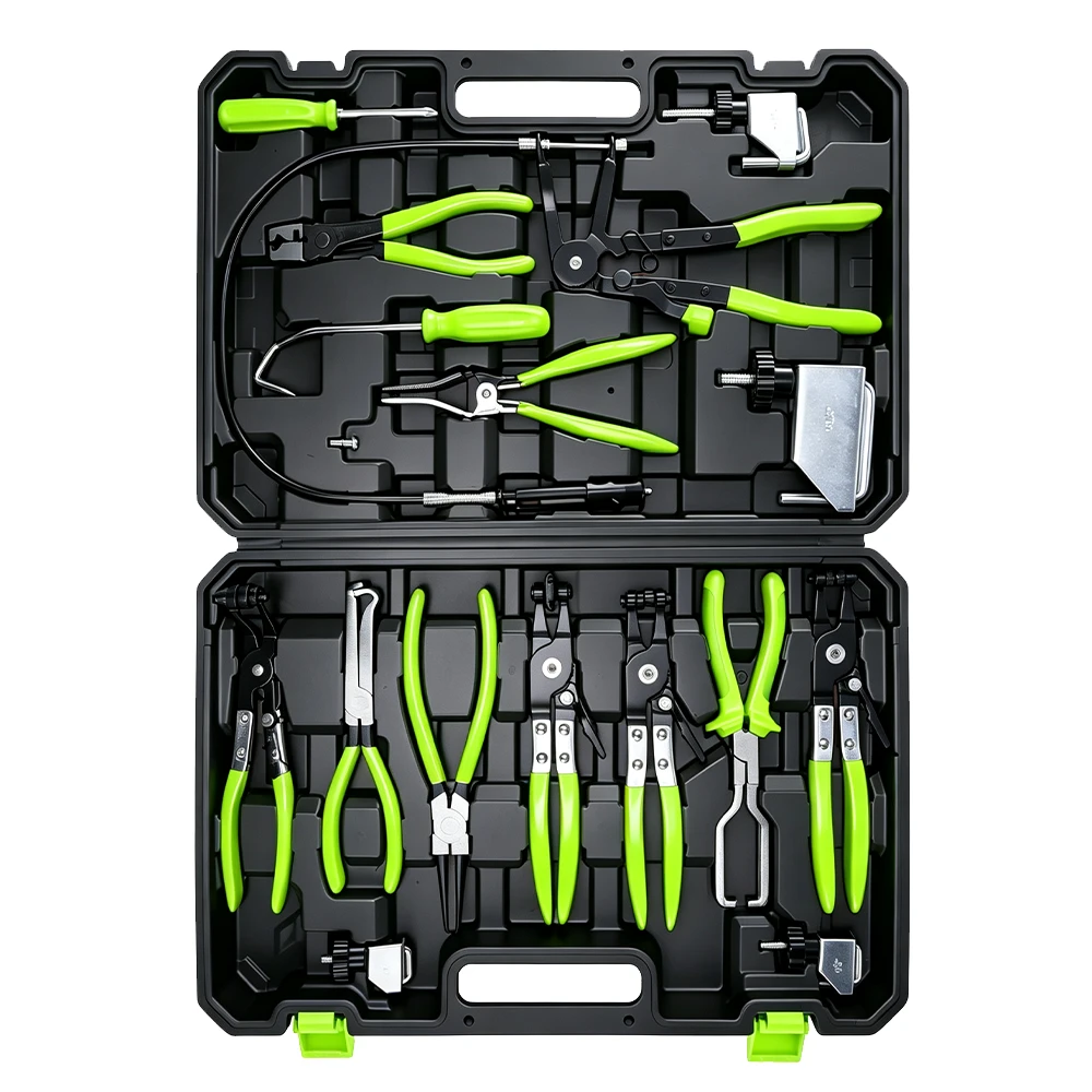 16PC Automotive Hose Clamp Pliers & Removal Tool Set 1 VIKTEC VT01068C automotive hose clamp pliers tool set with flexible cable pliers and multiple specialty clamp removal tools in carrying case.