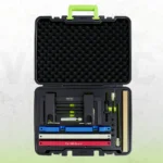 BMW six-cylinder petrol engine timing tool set for N51 through N55 engines with color-coded alignment plates, locking pins and spark plug sleeve in a foam-lined case