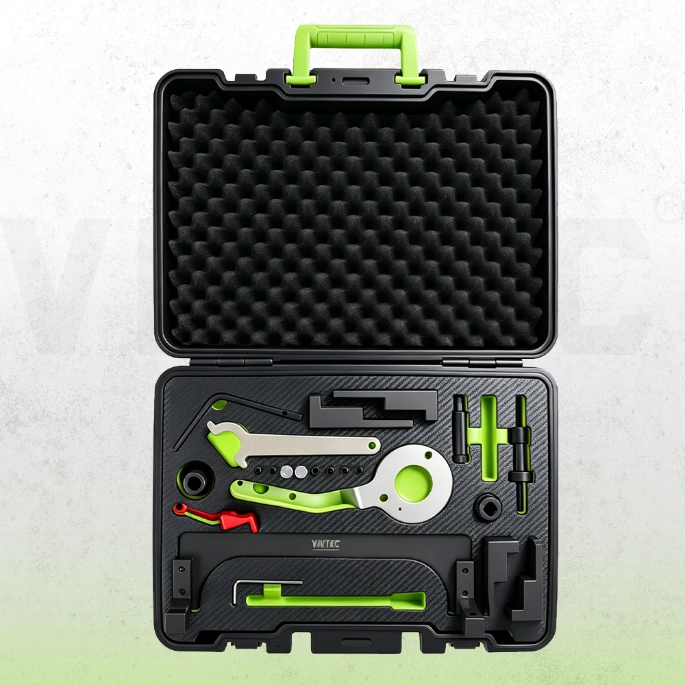 BMW and MINI B38 B48 B58 engine timing tool set with alignment fixtures, locking tools and spark plug sleeves arranged in a foam-lined storage case