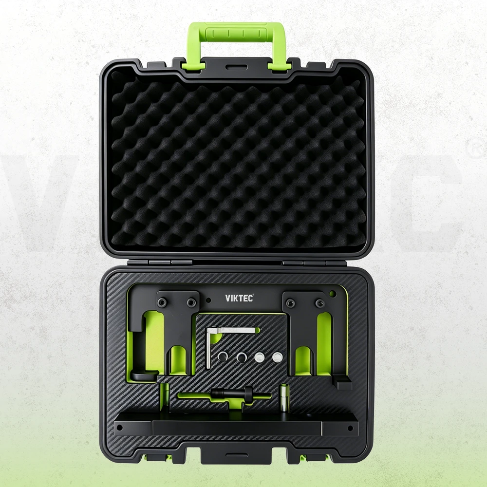 BMW N20 and N26 engine timing tool set for camshaft locking, timing adjustment and chain service on compatible X1, X3, 320i, 520i, Z4, 125i, 328i and 528i models in a foam-lined case