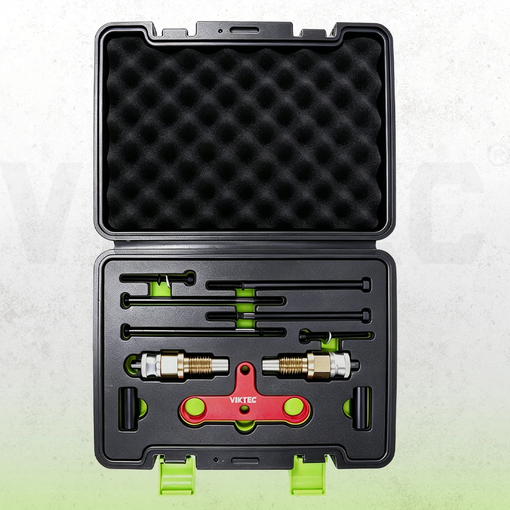 BMW N20 and N55 fuel injector puller and installer tool set with threaded adapters, support bridge and rods in a storage case