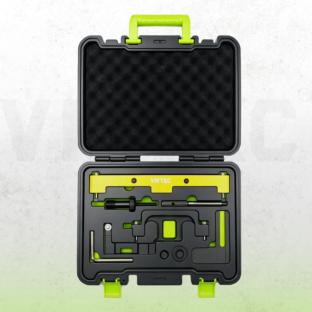 BMW N42 N46 and N46T camshaft timing tool set for installing and removing camshafts, checking timing and servicing variable camshaft timing units in a foam-lined case