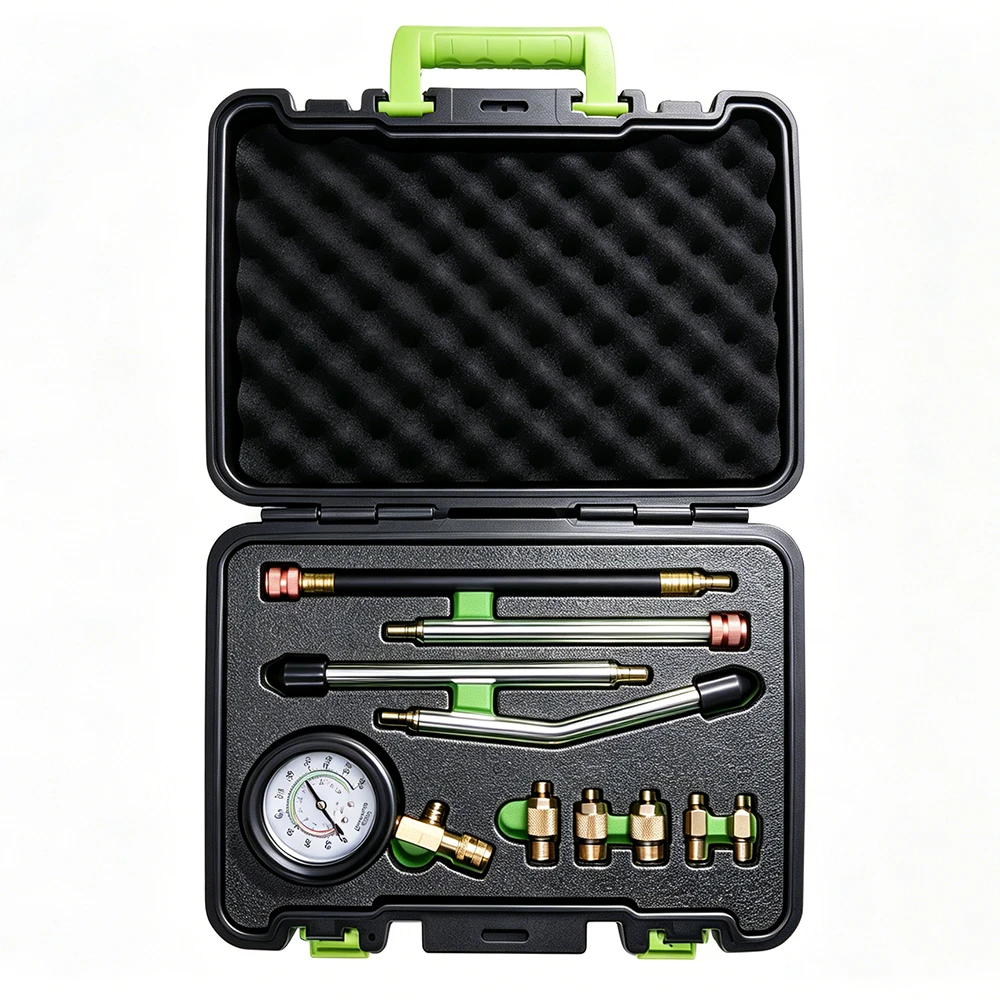Brake Pressure Test Kit for Automotive Brake Diagnosis 4 Open black blow mold case containing brake pressure gauge, adapters and testing accessories.