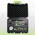 Brake pressure test kit arranged inside a protective case with multiple connectors and accessories.