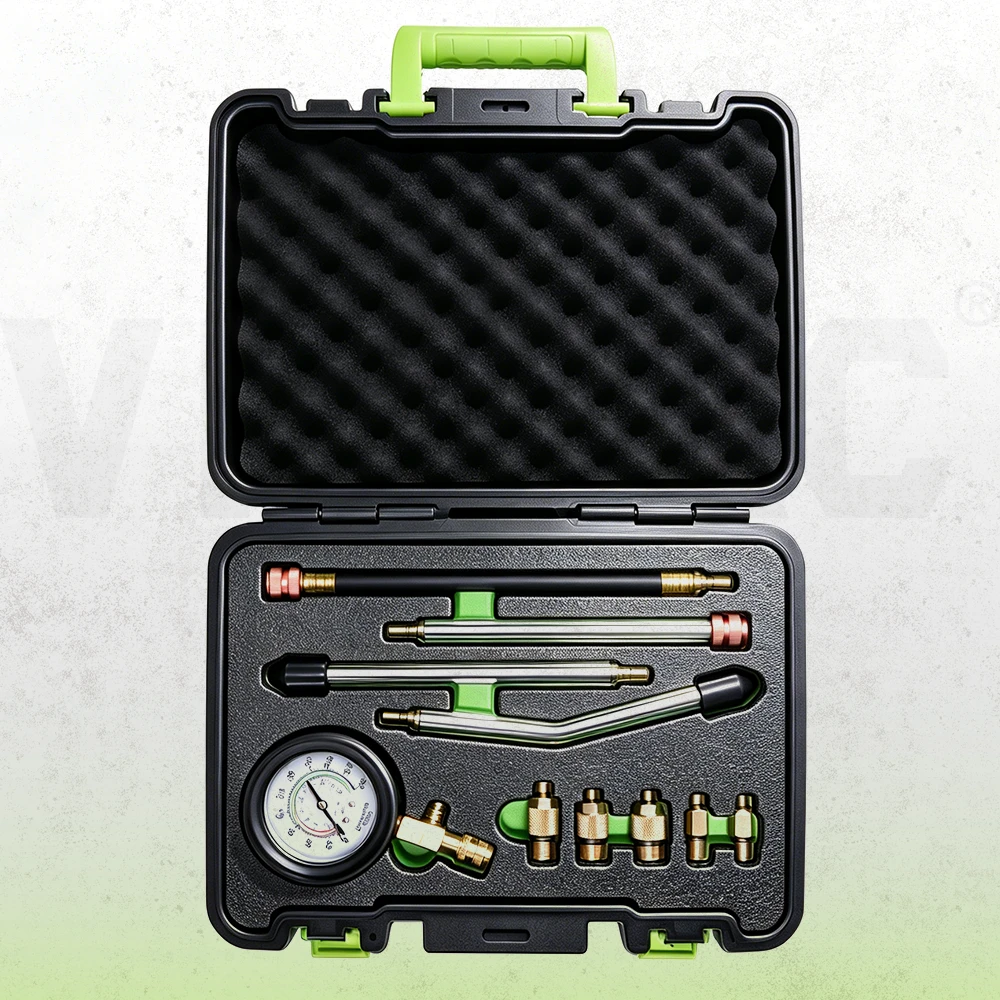 Brake pressure test kit arranged inside a protective case with multiple connectors and accessories.