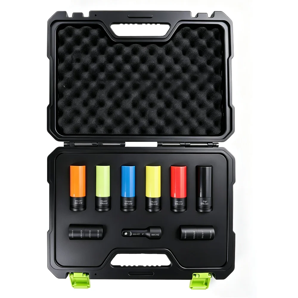Kit universal para remoção de porcas antifurto de roda 2 Jogo de soquetes de impacto para porcas de roda VIKTEC VT18085D com codificação por cores, soquetes profundos de proteção, adaptador de extensão e estojo de transporte