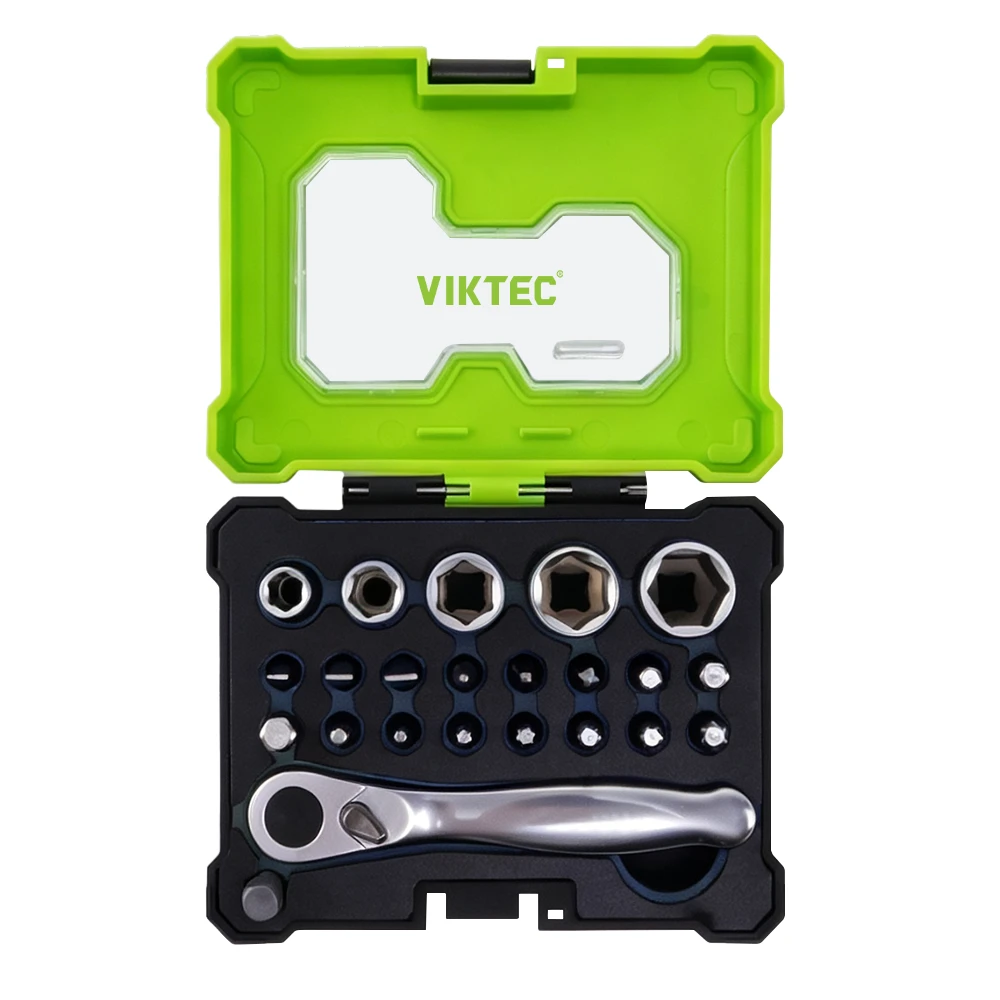 23PC 1/4" Mini Ratchet and Screwdriver Bit Set 6 VIKTEC VT17019F compact ratchet socket and screwdriver bit set with assorted sockets and bits for automotive repair, maintenance and general workshop use.