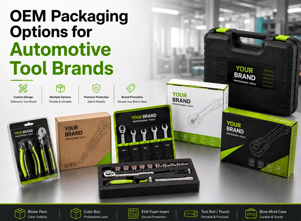 How Can Automotive Tool Brands Protect Products and Build a Stronger Brand Through OEM Packaging? 4 Custom packaging solutions for automotive repair tools featuring branded cases, color boxes, blister packs, EVA foam inserts and private label packaging.