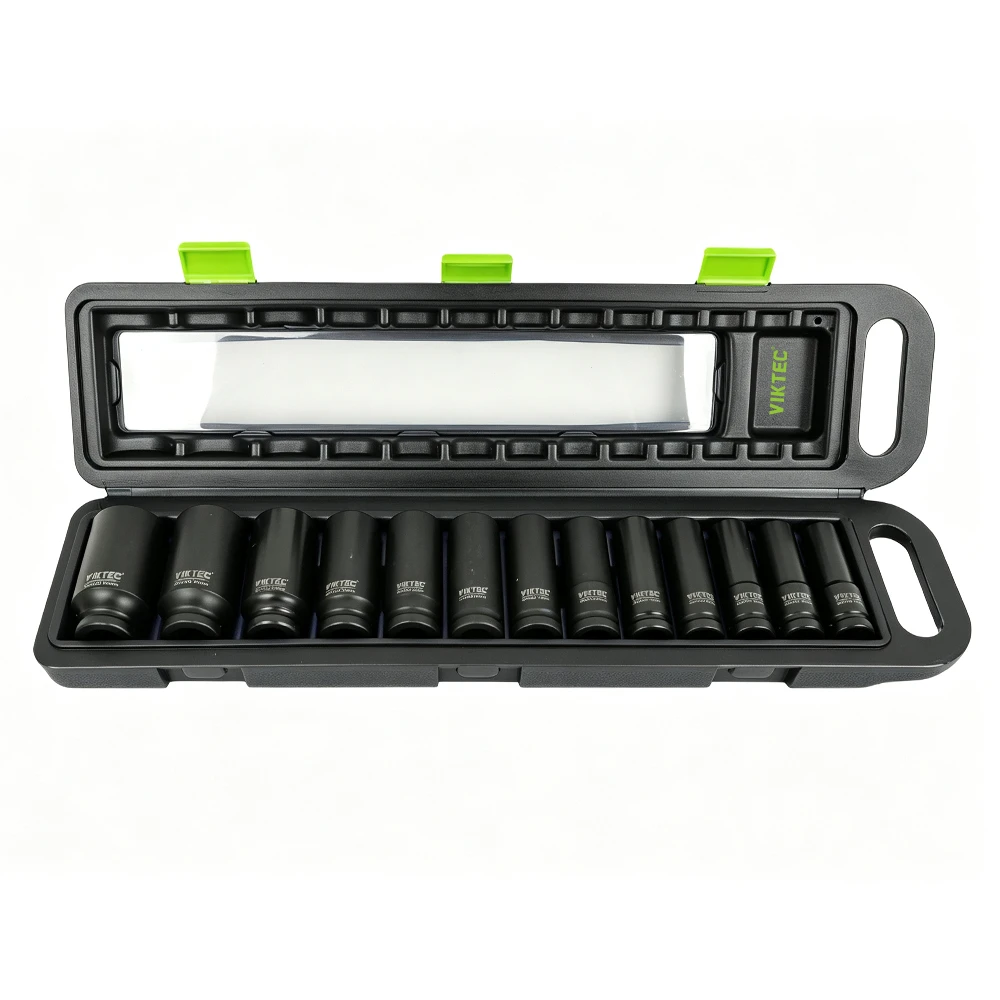 Jogo de soquetes profundos de impacto 13PC 1/2in 13–32mm 3 Jogo de soquetes profundos de impacto VIKTEC com estojo de armazenamento para reparo e manutenção automotiva profissional