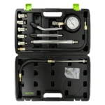 VIKTEC VT01053D diesel engine compression tester kit with pressure gauge, injector and glow plug adapters, hoses and carrying case