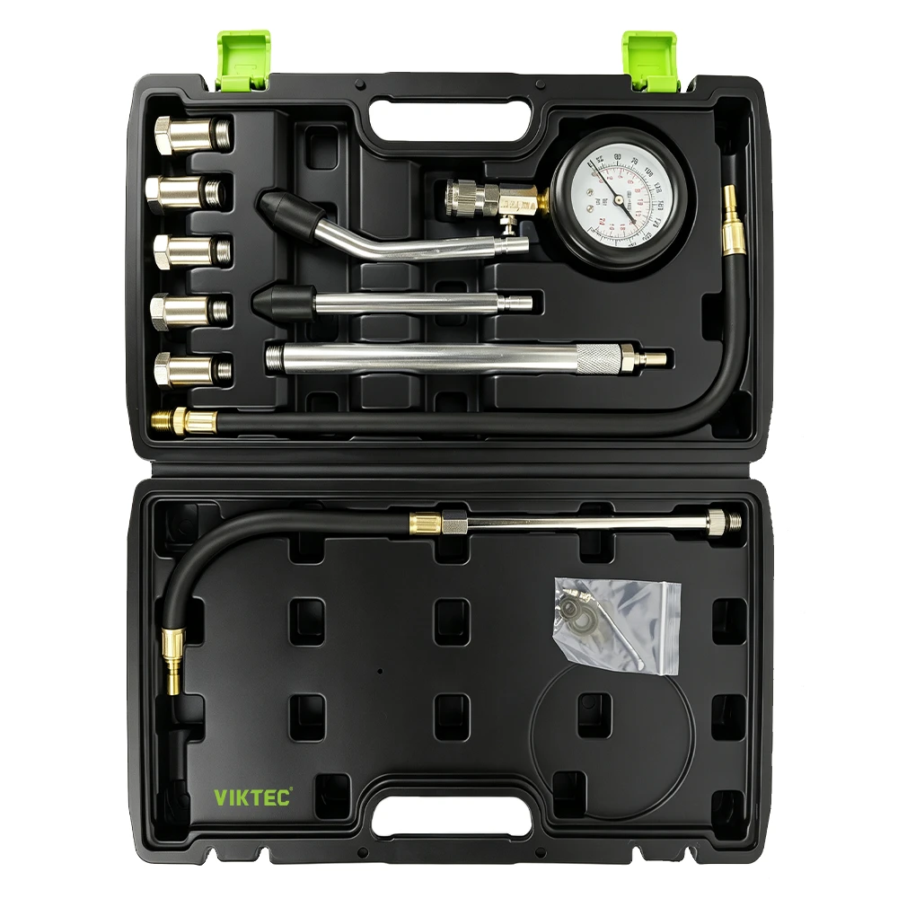 VIKTEC VT01053D diesel engine compression tester kit with pressure gauge, injector and glow plug adapters, hoses and carrying case