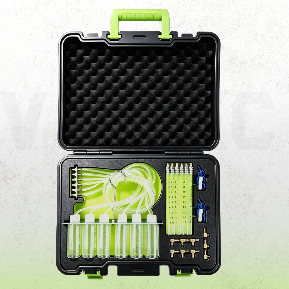 Diesel injector leak-off and return flow test kit with measuring bottles, graduated tubes, hoses and adapters for Bosch, Siemens, Delphi and Denso injectors in a foam-lined case