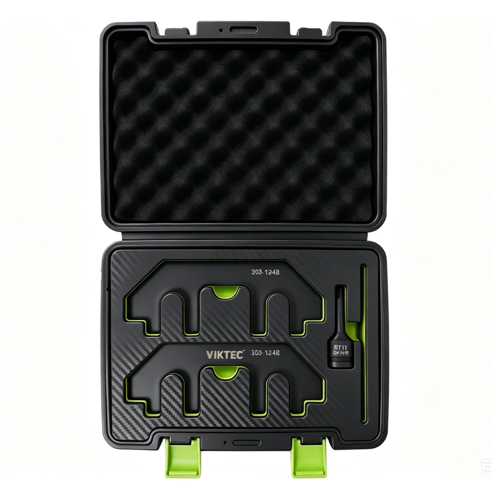 Ford 3.5L EcoBoost timing tool set 3 Ford 3.5L EcoBoost engine timing tool set with two camshaft holding tools, tensioning tool and socket in a portable case