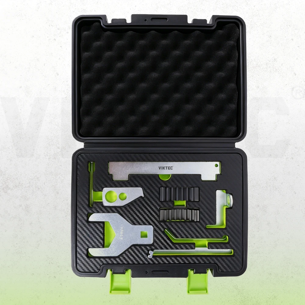 VIKTEC camshaft alignment and timing belt tool set with locking tools, 41mm water pump wrench and additional socket wrench in a fitted case.