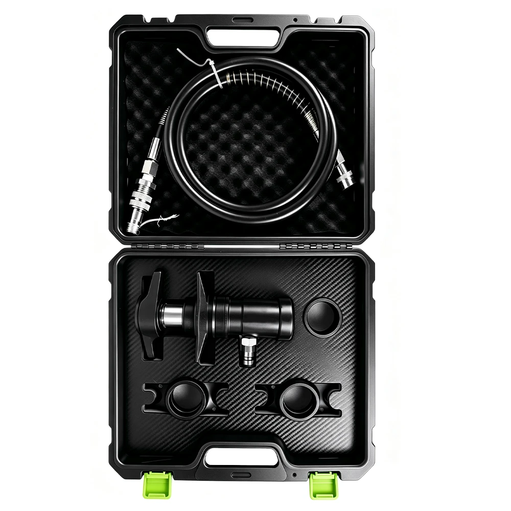 Pneumatic Hydraulic Ball Joint Removal Tool 19-36mm 5 Kit de remoção e instalação de buchas de suspensão hidráulica VIKTEC VT19556 com cilindro hidráulico, mangueira e componentes adaptadores para reparo automotivo profissional.
