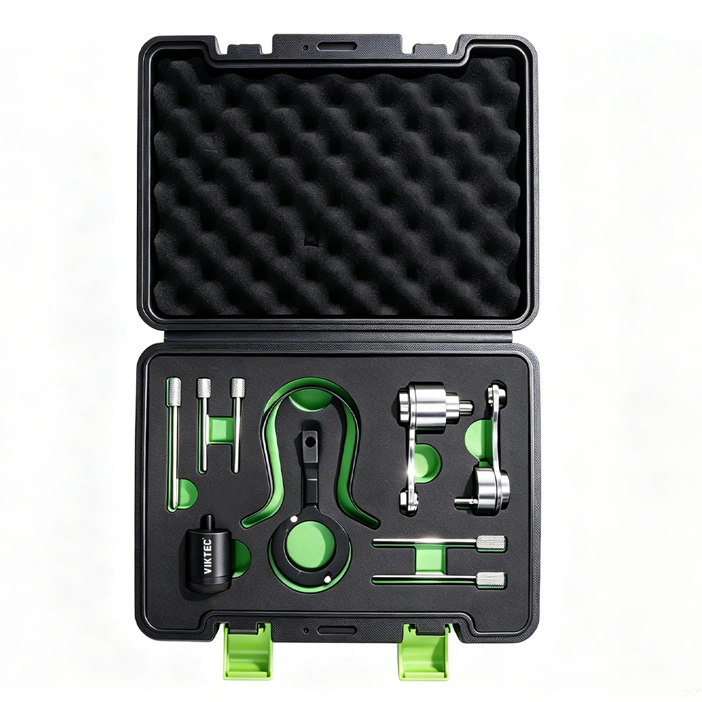 Land Rover Jaguar 2.7 3.0 diesel timing tool set 5 Jaguar Land Rover 2.7L and 3.0L TDV6 diesel engine timing tool kit with camshaft alignment pins and flywheel locking tools in a storage case