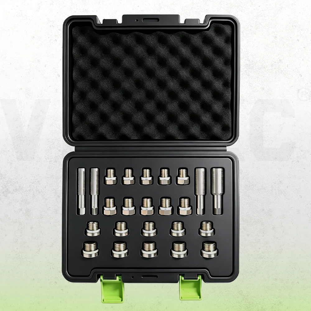 Oil sump, gearbox and differential drain plug thread repair kit with four thread taps and assorted replacement plugs in a foam-lined storage case