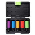 Open VIKTEC 5-piece color-coded deep impact wheel nut socket set with protective sleeves for automotive wheel service.