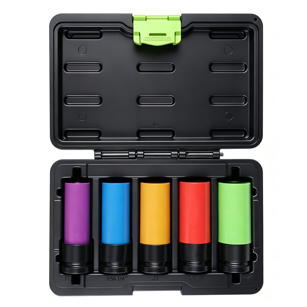 Juego de 2 vasos de impacto de aleación para tuercas de rueda 1/2" Drive 5 Juego abierto VIKTEC de 5 piezas de vasos de impacto profundos codificados por color para tuercas de rueda, con fundas protectoras para servicio de ruedas de automoción.