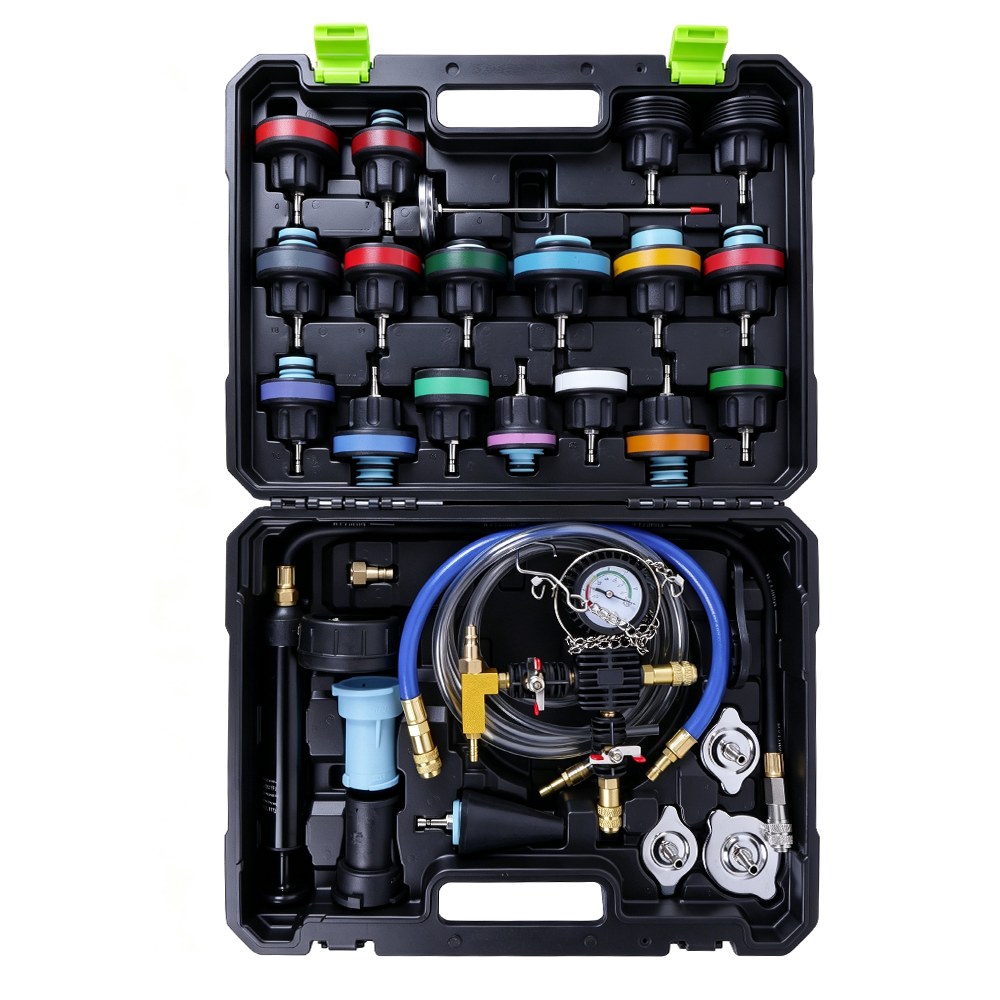 28PC Radiator Pressure Tester & Cooling System Vacuum Refill Kit 2 Open VIKTEC cooling system pressure testing and vacuum refill kit with hand pump, pressure gauge, hoses and multiple color-coded radiator cap adapters.