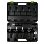 Open VIKTEC cooling system vacuum purge and refill kit with four tapered adapters, pressure gauge, hoses and vacuum filling components.