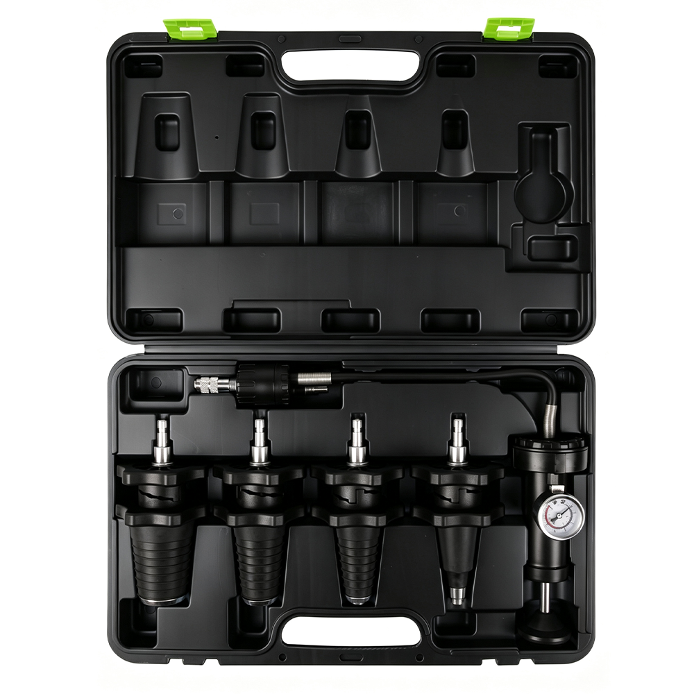 5PC Universal Cooling System Pressure Tester Set 4 Open VIKTEC cooling system vacuum purge and refill kit with four tapered adapters, pressure gauge, hoses and vacuum filling components.
