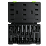 Open VIKTEC diesel injector socket and removal tool set with multiple deep, slotted and splined sockets in a molded carrying case.