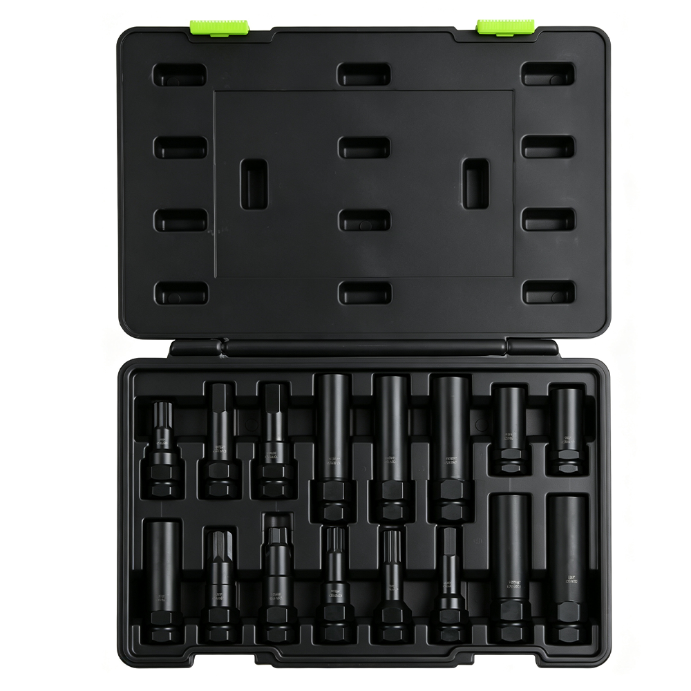 16PC locking wheel nut removal socket set 1 Open VIKTEC diesel injector socket and removal tool set with multiple deep, slotted and splined sockets in a molded carrying case.