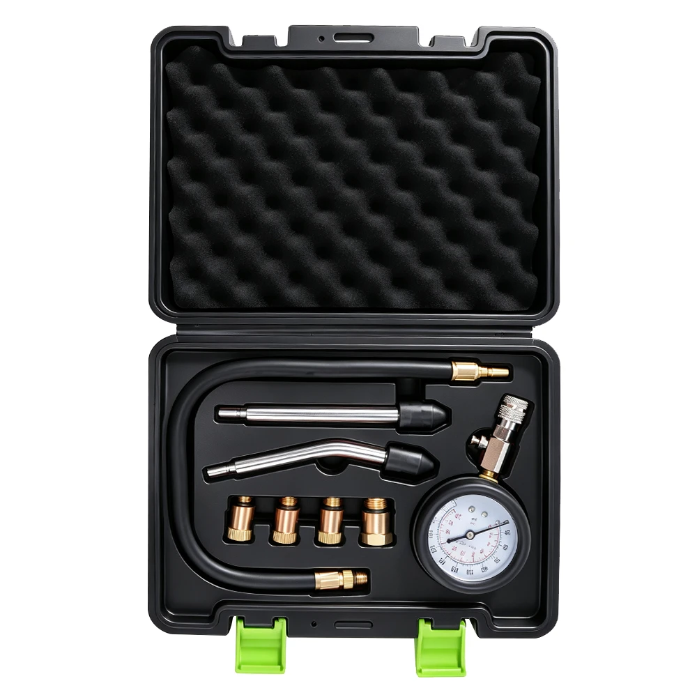 Kit de prueba de compresión del motor de 8 piezas para pruebas de presión de cilindros 5 Kit de prueba de compresión para motores de gasolina VIKTEC con manómetro, manguera, adaptadores y tubos de extensión