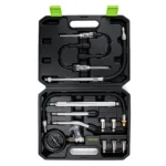 Petrol engine compression tester kit with pressure gauge hoses extension tubes and multiple spark plug adapters for engine diagnostics