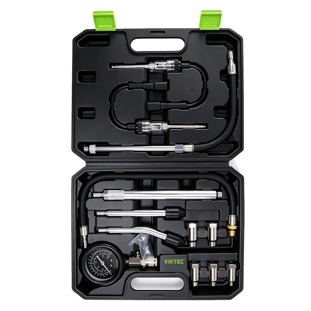 Petrol engine compression tester kit with pressure gauge hoses extension tubes and multiple spark plug adapters for engine diagnostics