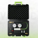 Petrol engine cylinder leakage tester with two gauges, regulator, flexible hoses and threaded spark plug adapters in a foam-lined storage case