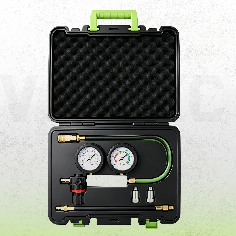 Petrol engine cylinder leakage tester with two gauges, regulator, flexible hoses and threaded spark plug adapters in a foam-lined storage case